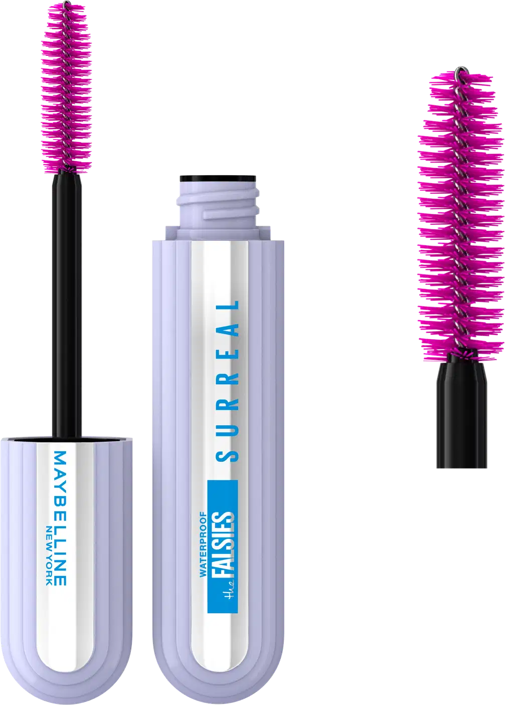 Dois tubos de máscara de cílios da Maybelline, um com escova rosa e outro com escova preta, embalados em caixa branca com rótulo azul "Surreal" e "Falsies".