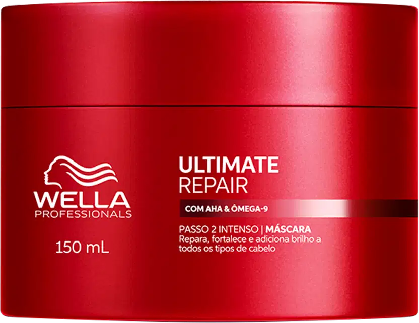 Frasco vermelho da linha Ultimate Repair da Wella Professionals, com 150 ml de capacidade. O rótulo destaca os ingredientes AHA e Omega-9 e menciona que o produto é uma máscara intensiva para reparar, fortalecer e adicionar brilho aos fios de cabelo.