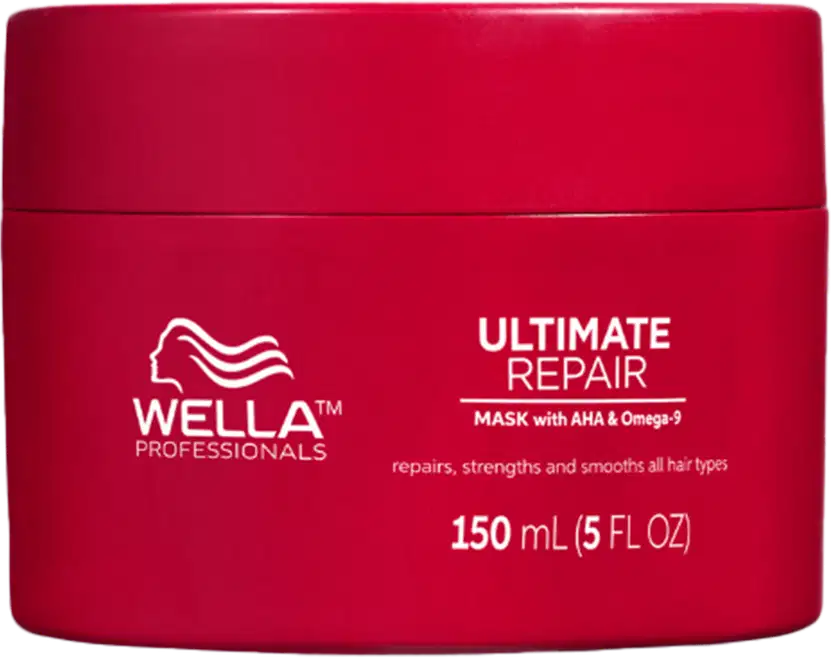 Produto de tratamento capilar da linha Wella Professionals. Máscara Ultimate Repair em embalagem vermelha opaca. Capacidade de 150ml (5fl oz) indicada na embalagem.