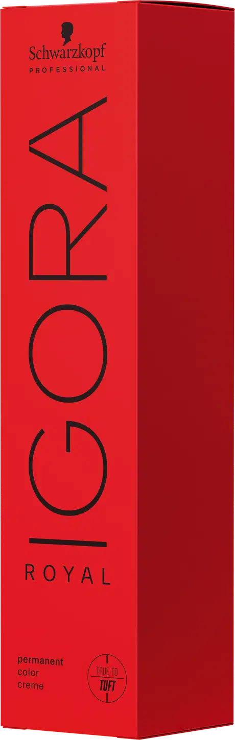 Caixa e tubo de Coloração de cabelo da marca Schwarzkopf Professional, na cor vermelha, com o nome "Igora Royal" impresso em preto. O produto é descrito como uma tintura de cabelo permanente.