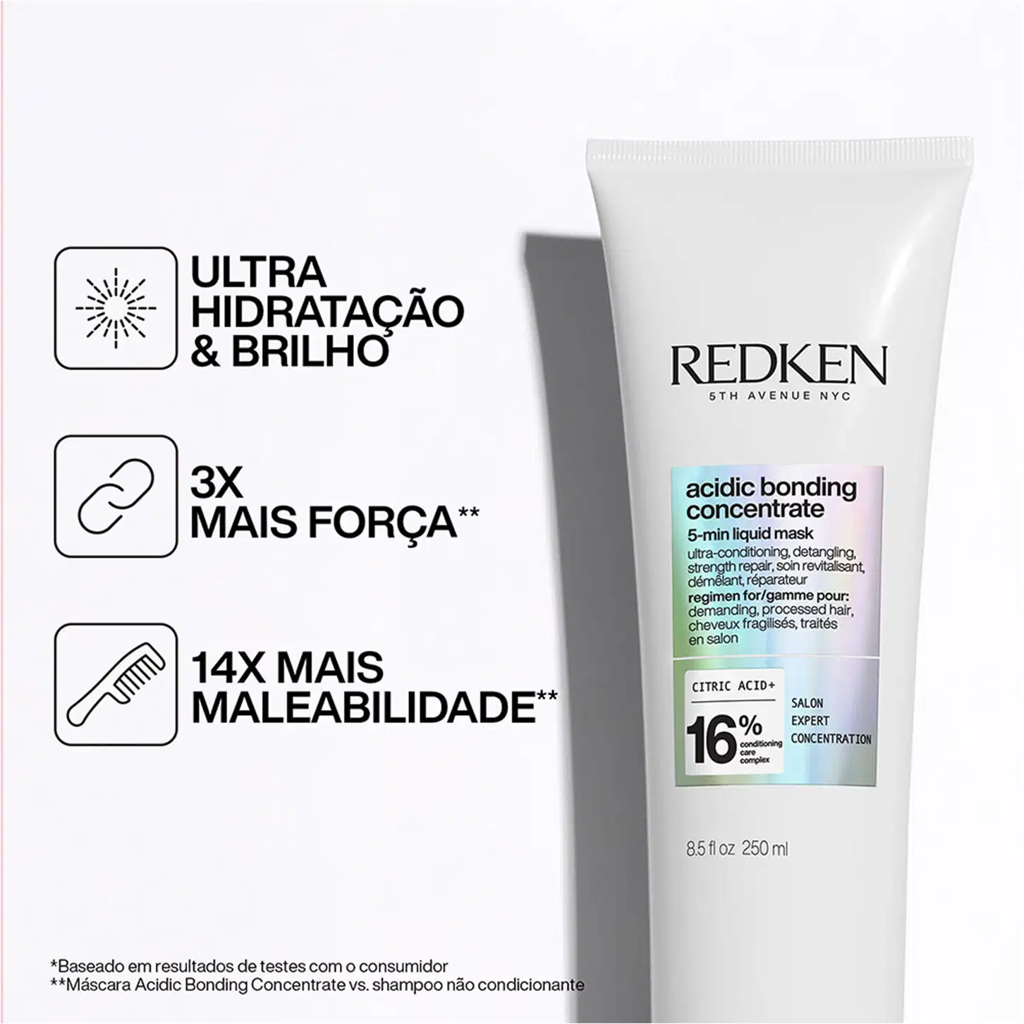 Embalagem de item de perfumaria da marca Redken. Contém informações sobre o produto "Acidic Bonding Concentrate", incluindo descrição de benefícios e concentração de ingredientes.