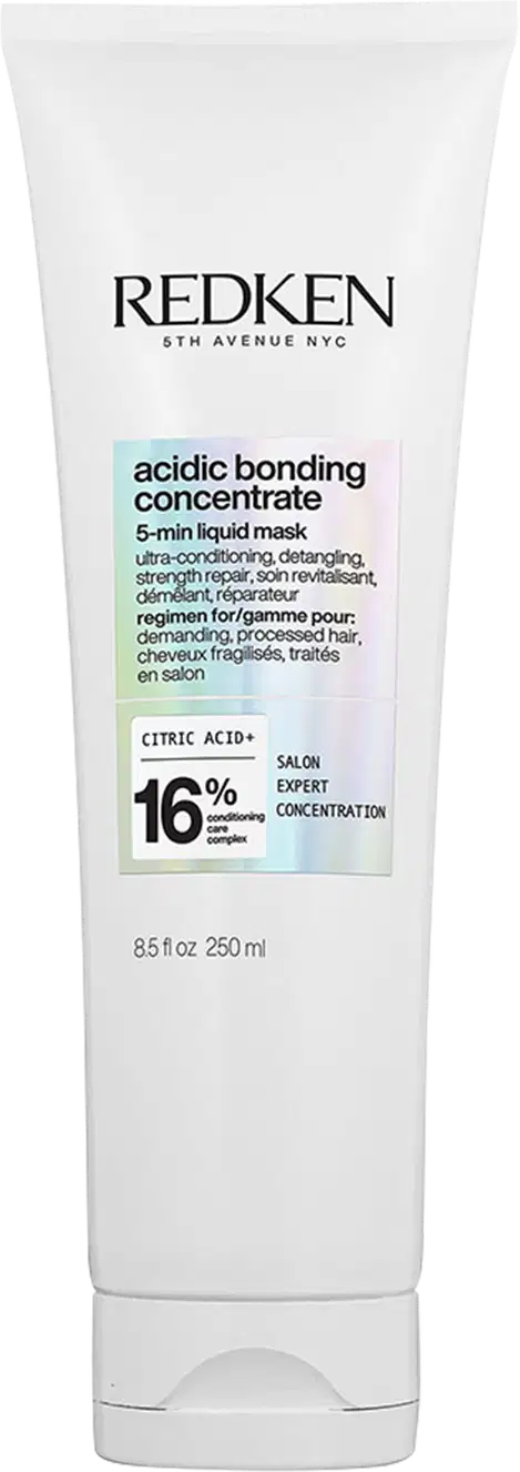 Tubo branco com rótulo preto e azul claro. Texto "Redken 5th Avenue NYC" e "Acidic Bonding Concentrate 5-min Liquid Mask". Informações sobre ingredientes e concentração de ácido cítrico.