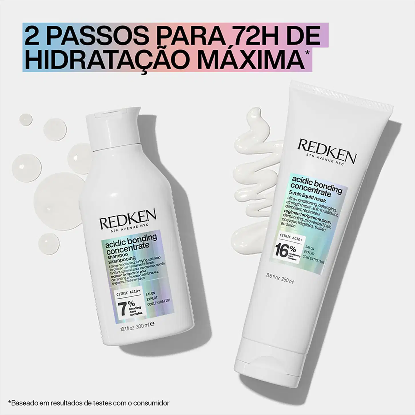 Dois produtos de beleza da marca Redken: um frasco de shampoo "Acidic Bonding Concentrate" e um tubo de máscara "Acidic Bonding Concentrate". O texto no shampoo indica "2 passos para 72h de hidratação máxima" 