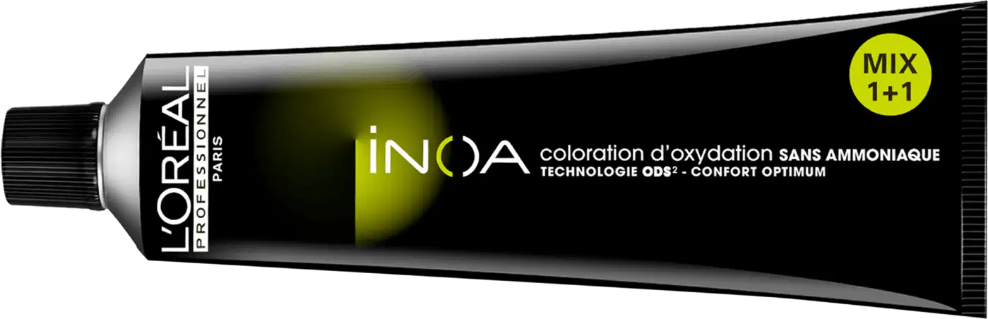 Tubo de tinta de cabelo da marca Inoa, com embalagem preta e detalhes em amarelo. 
