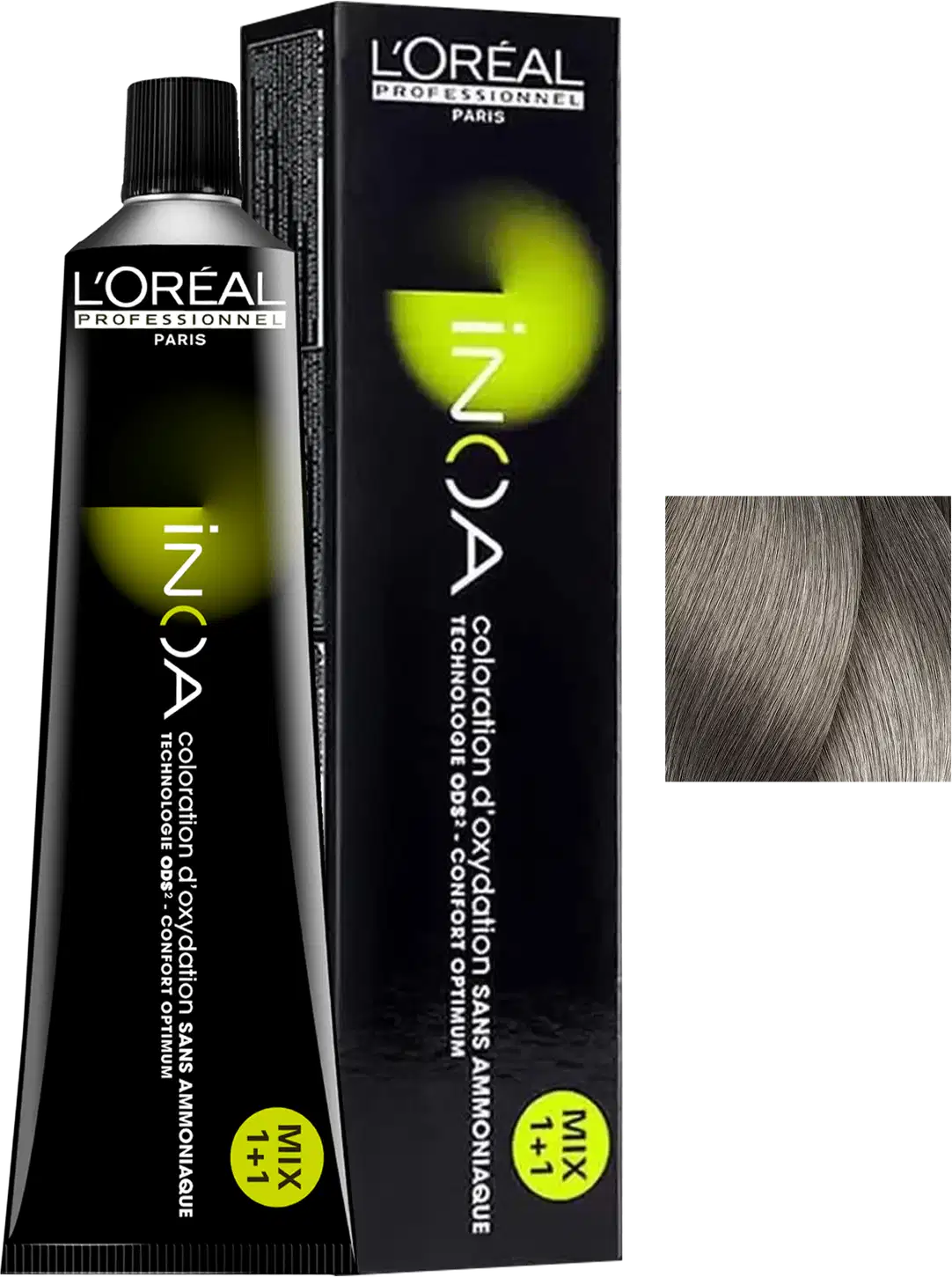 Frasco de item de perfumaria da marca L'Oréal Professionnel, com embalagem preta e verde, contendo produto coloração para cabelos, com texto legível no rótulo.
