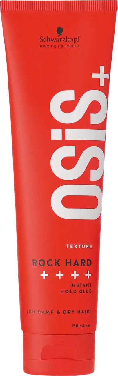 Tubo plástico vermelho com o nome "Osis+" em letras brancas grandes. Abaixo está escrito "ROCK HARD" e "INSTANT HOLD GLUE" em letras menores, indicando que é um gel fixador de cabelo de alta fixação. O tubo tem 150ml.