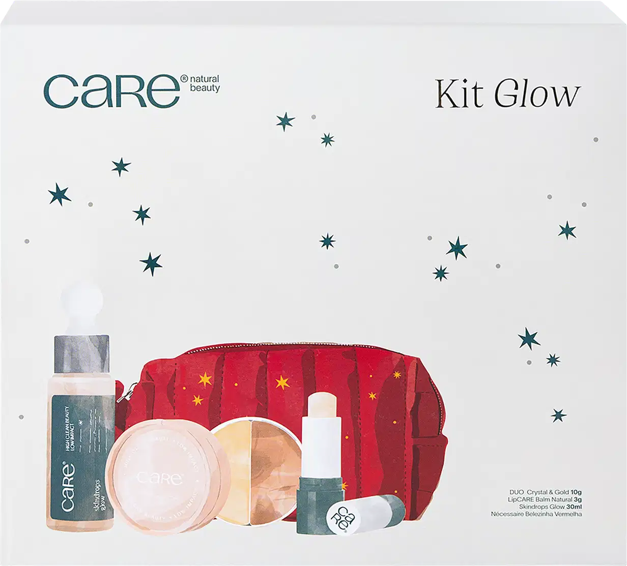 A imagem mostra a caixa no detalhe. Ela é branca e traz a imagem dos produtos que vem no Kit estampada na frente. Na parte de cima está a marca e o nome do Kit em um tom verde.