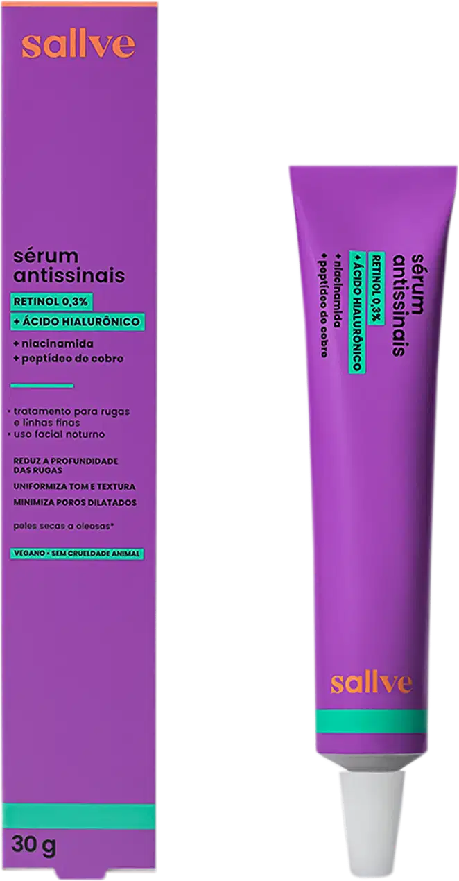 Caixa e tubo de item de skincare da marca Sallve. A caixa é de cor roxa com texto laranja "Sallve" e detalhes em verde. O tubo é roxo com texto laranja "Sallve" e informações sobre o produto, incluindo "Sérum antissínais" e ingredientes.