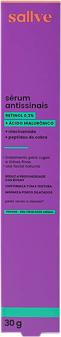 Embalagem de produto de beleza em formato retangular, na cor roxa com detalhes em laranja. Rótulo com o nome "Sallve" e informações sobre os ingredientes e benefícios, incluindo retinol 0,3% e ácido hialurônico.