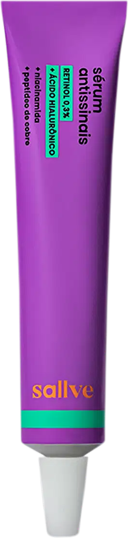 Tubo de item de skincare da marca Sallve em embalagem roxa com detalhes em verde. 