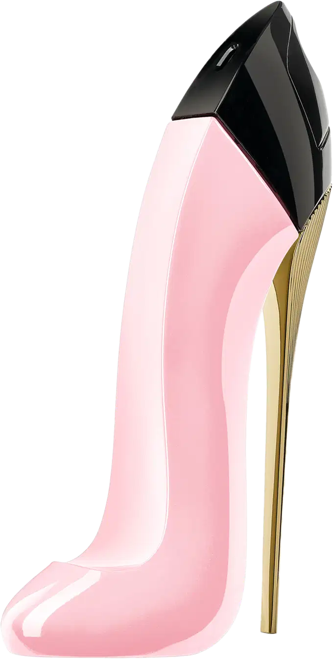 Perfume feminino Carolina Herrera em frasco preto e rosa com detalhes dourados, apresentando design elegante e sofisticado.