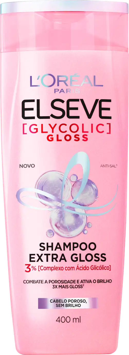 Frasco rosa de shampoo Elseve Glycolic Gloss, com rótulo destacando o complexo com ácido glicólico e promessa de combate à porosidade e brilho extra. Embalagem de 400 ml.