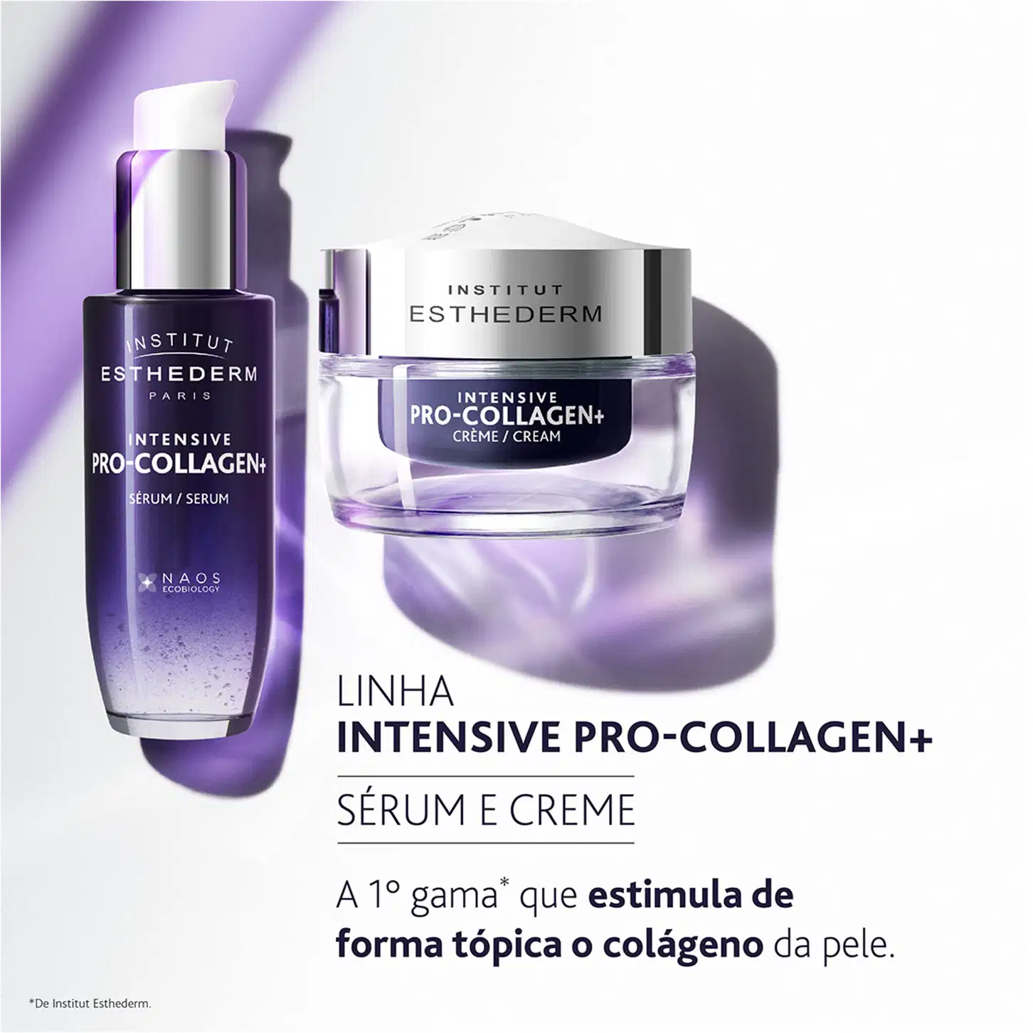 Marca Institut Esthederm, com soro e creme da linha Intensive Pro-Collagen+, com textura e cor violeta, apresentando informações sobre os benefícios do produto.