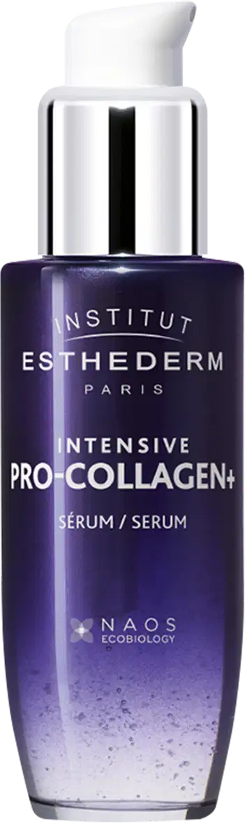Frasco de sérum facial da marca Esthederm, em tons de roxo e branco. O rótulo destaca o nome "Intensive Pro-Collagen+"