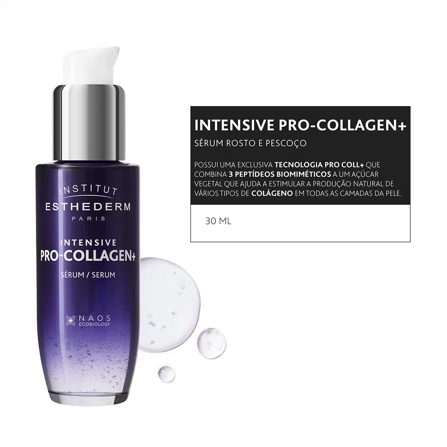 TEXTO NA IMAGEM: INTENSIVE PRO-COLLAGEN+ SÉRUM ROSTO E PESCOÇO - POSSUI UMA EXCLUSIVA TECNOLOGIA PRO COLL+ QUE COMBINA 3 PEPTÍDEOS BIOMIMÉTRICOS A UM AÇÚCAR VEGETAL QUE AJUDA A ESTIMULAR A PRODUÇÃO NATURAL DE COLÁGENO EM TODAS AS CAMADAS DA PELE.