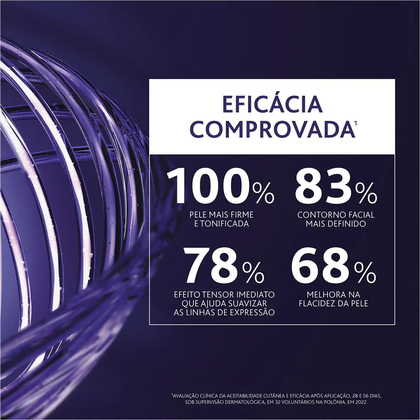  "EFICÁCIA COMPROVADA" e dados sobre melhoria da firmeza da pele, definição do contorno facial, suavização de linhas de expressão e flacidez.