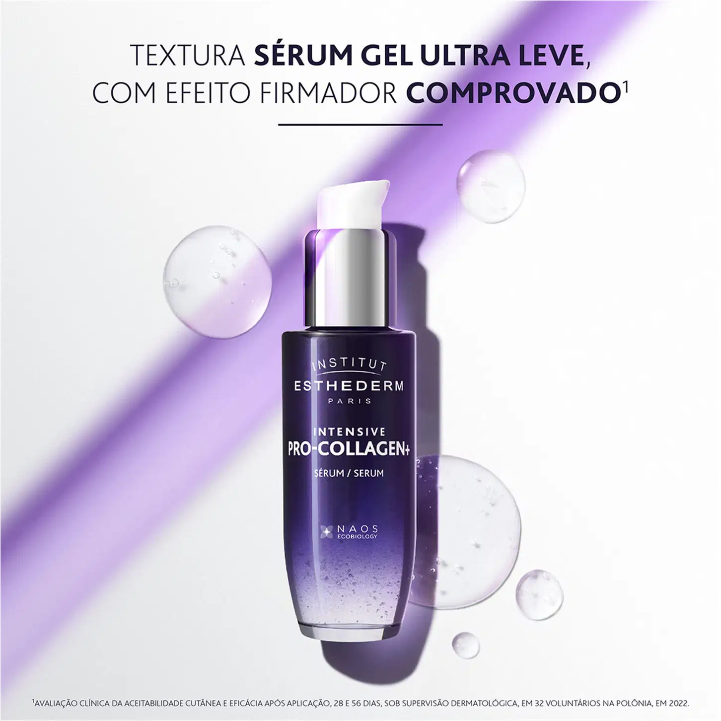 Frasco de sérum de colágeno da marca Esthederm Paris com textura de gel ultra leve e efeito firmador comprovado, em embalagem com fundo roxo e branco.