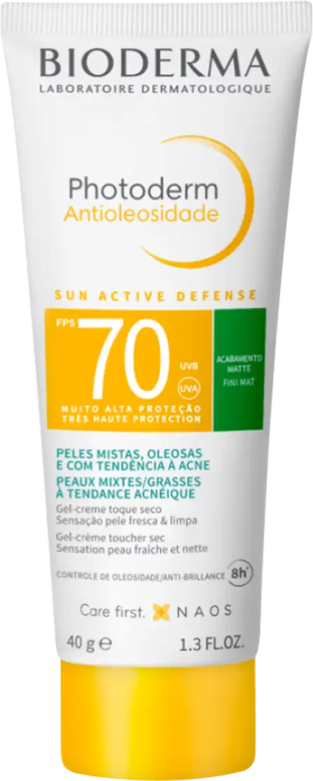 Tubo de protetor solar Bioderma Photoderm Antioleosidade, com FPS 70, para peles mistas, oleosas e com tendência à acne. Embalagem branca e amarela com rótulo destacado.