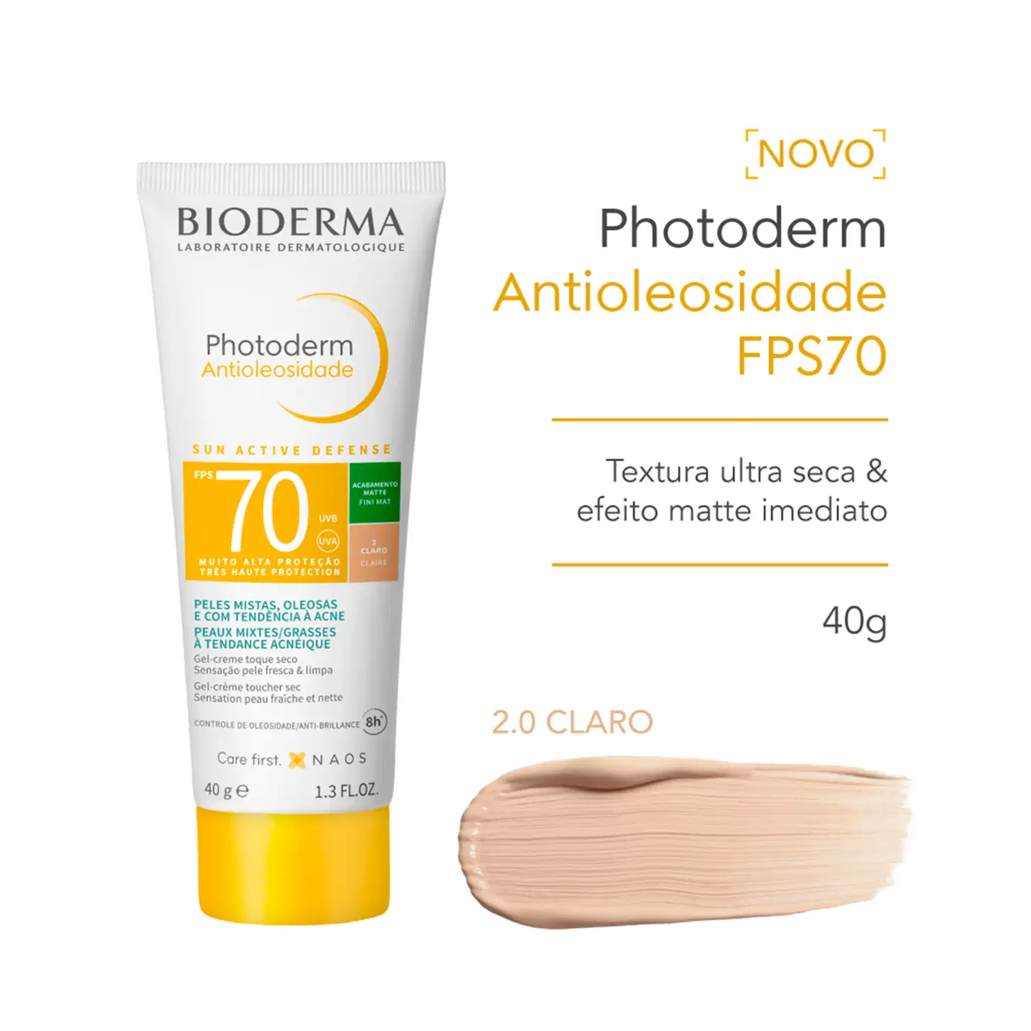 Embalagem branca e amarela de protetor solar Photoderm Antioleoside FPS70 da marca Bioderma, com textura ultra seca e efeito matte imediato, indicado para peles mistas, oleosas e com tendência a acne.
