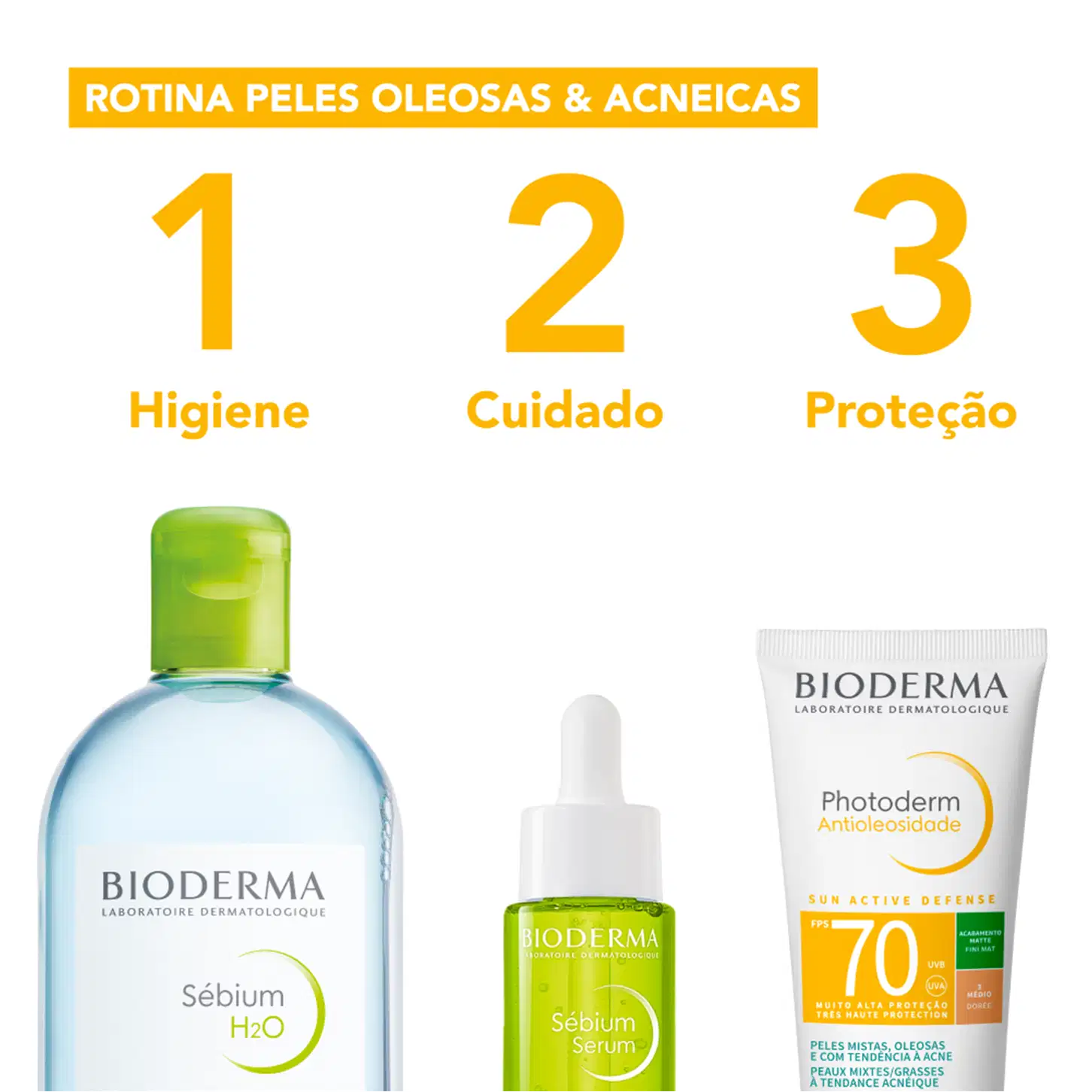 Rotina peles oleosas & acneicas: 1. Higiene - Bioderma Sébium H2O; 2. Cuidado - Bioderma Sébium Serum; 3. Proteção - Bioderma Photoderm Antioleosidade FPS 70, item de perfumaria para peles mistas/oleosas com tendência à acne.