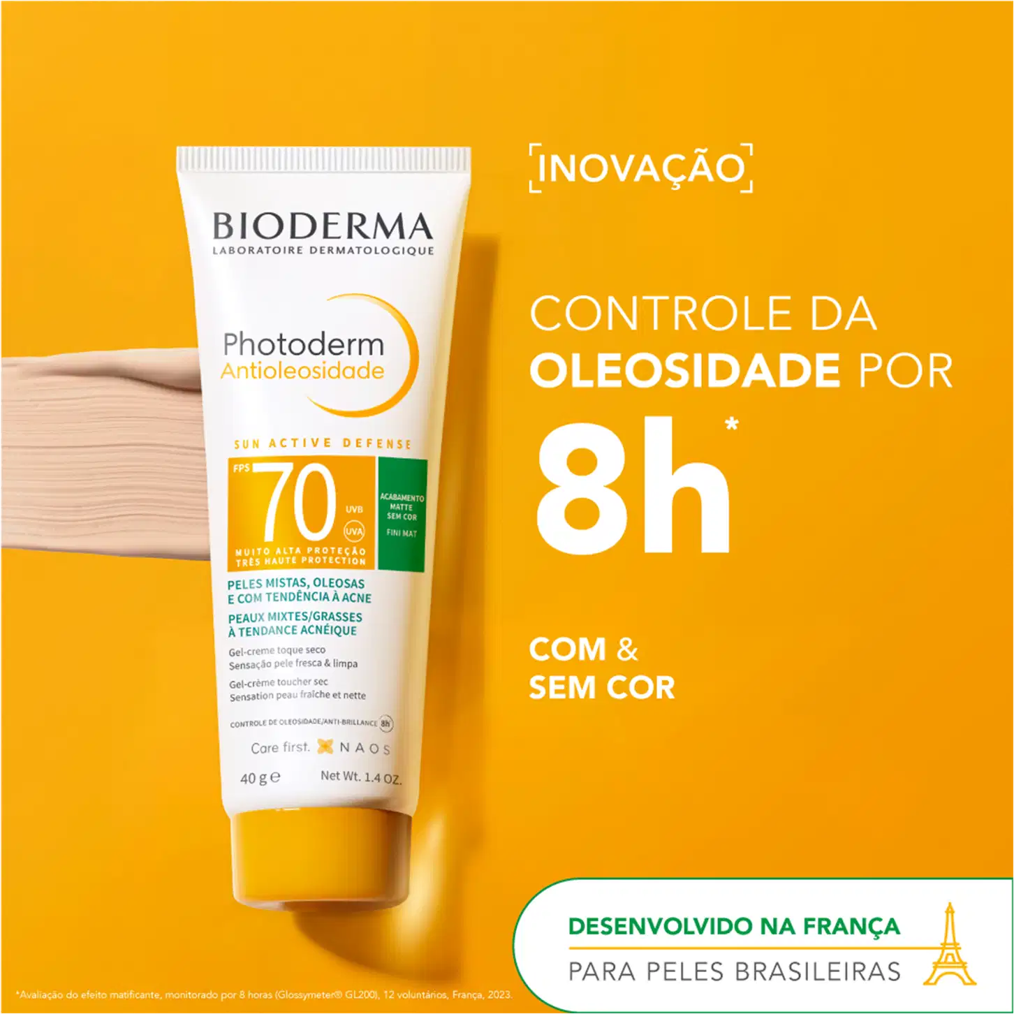 Tubo branco de protetor solar Bioderma Photoderm com FPS 70, promete controle da oleosidade por 8h, sem cor, para peles mistas, oleosas e com tendência a acne, desenvolvido na França para peles brasileiras.