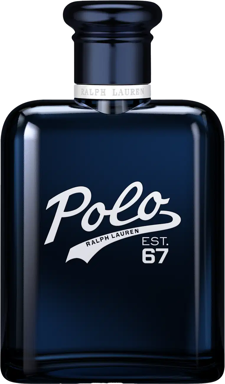 Frasco de perfume Polo da Ralph Lauren em tom azul escuro com rótulo branco destacando o nome Polo 67. Embalagem elegante e minimalista com tampa preta.
