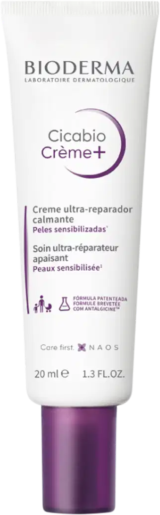 Tubo de creme Cicabio Creme+ da marca Bioderma, com embalagem branca e roxa, contendo 20 ml do produto. O rótulo indica que se trata de um creme ultra-reparador calmante para peles sensibilizadas.