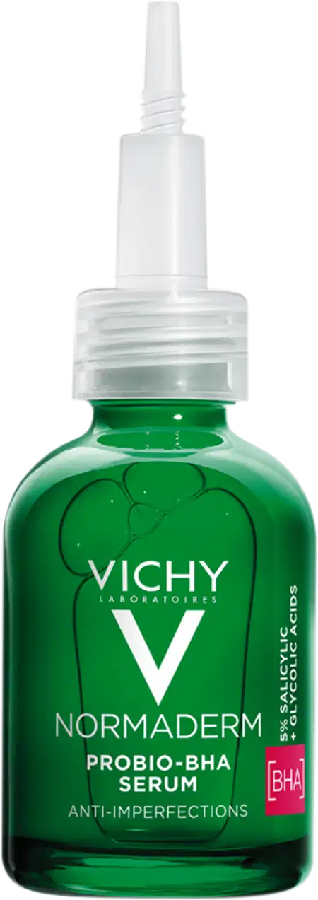 Frasco de sérum Normaderm Probio-BHA da Vichy, com embalagem verde e branca, contendo informações sobre o produto anti-imperfeições.