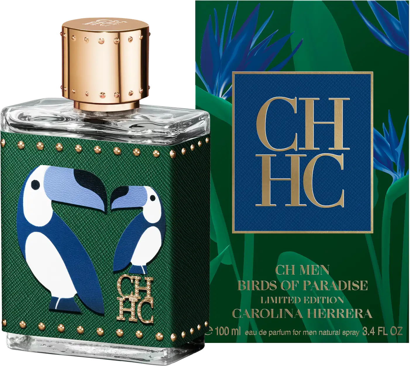 A imagem mostra um frasco de perfume, do lado esquerdo, e do lado direito a caixa do perfume, na cor verde com detalhes em azul, logo da marca em dourado com fundo azul, além de informações sobre o produto em cor dourada.