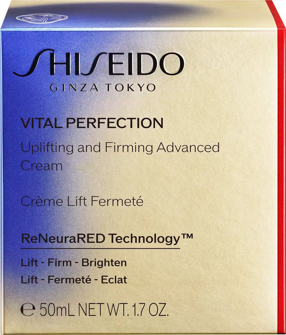 Embalagem de creme antirrugas e firmador da linha Vital Perfection da marca de cosméticos Shiseido. A embalagem é azul, vermelha e prateada. O rótulo indica que é um "Uplifting and Firming Advanced Cream".