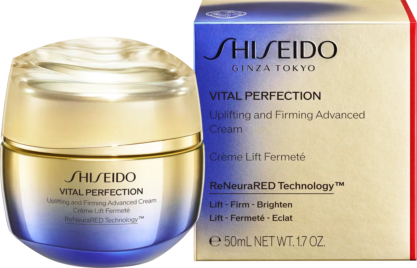 Produto de cuidados com a pele da marca Shiseido, linha Vital Perfection. Creme lifting e firmador avançado em embalagem dourada com tampa plástica transparente. Caixa retangular azul e vermelha com detalhes em prateado.