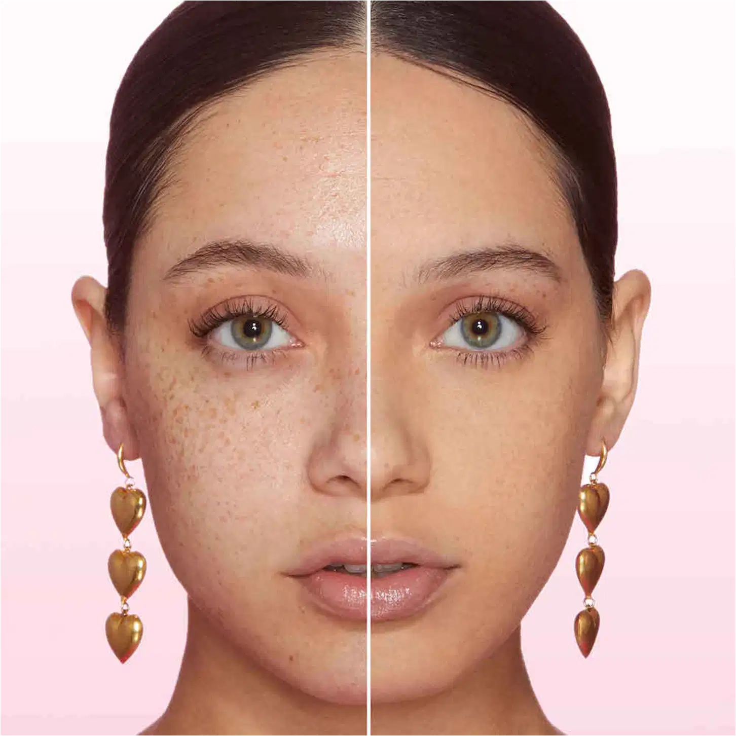 A imagem mostra o rosto de uma mulher, com uma linha dividindo o meio do rosto. Do lado esquerdo está sem base e do lado direito, ela está com base no rosto.