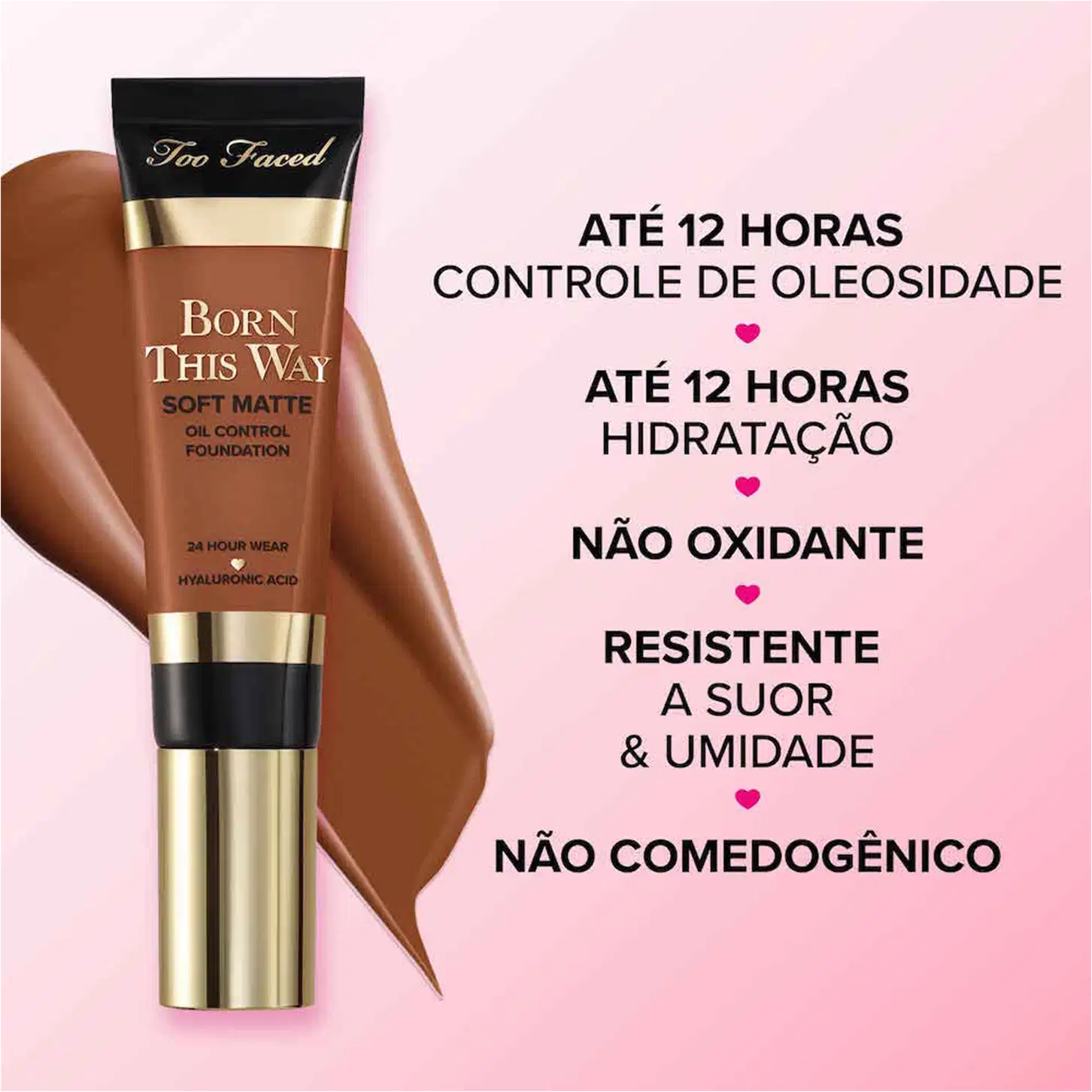 A imagem mostra do lado esquerdo uma base líquida, de tom mais escuro, com uma pincelada da cor ao fundo e, do lado direito, informações sobre o produto.