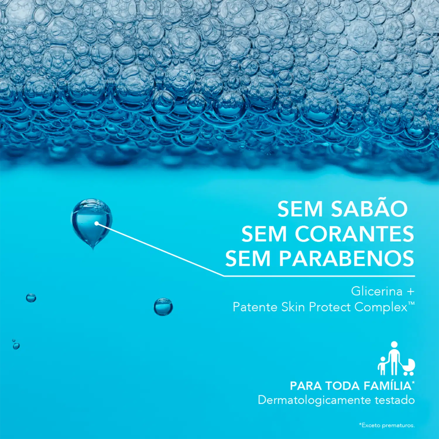  "Sem sabão, sem corantes, sem parabenos" e informações sobre ingredientes e benefícios.