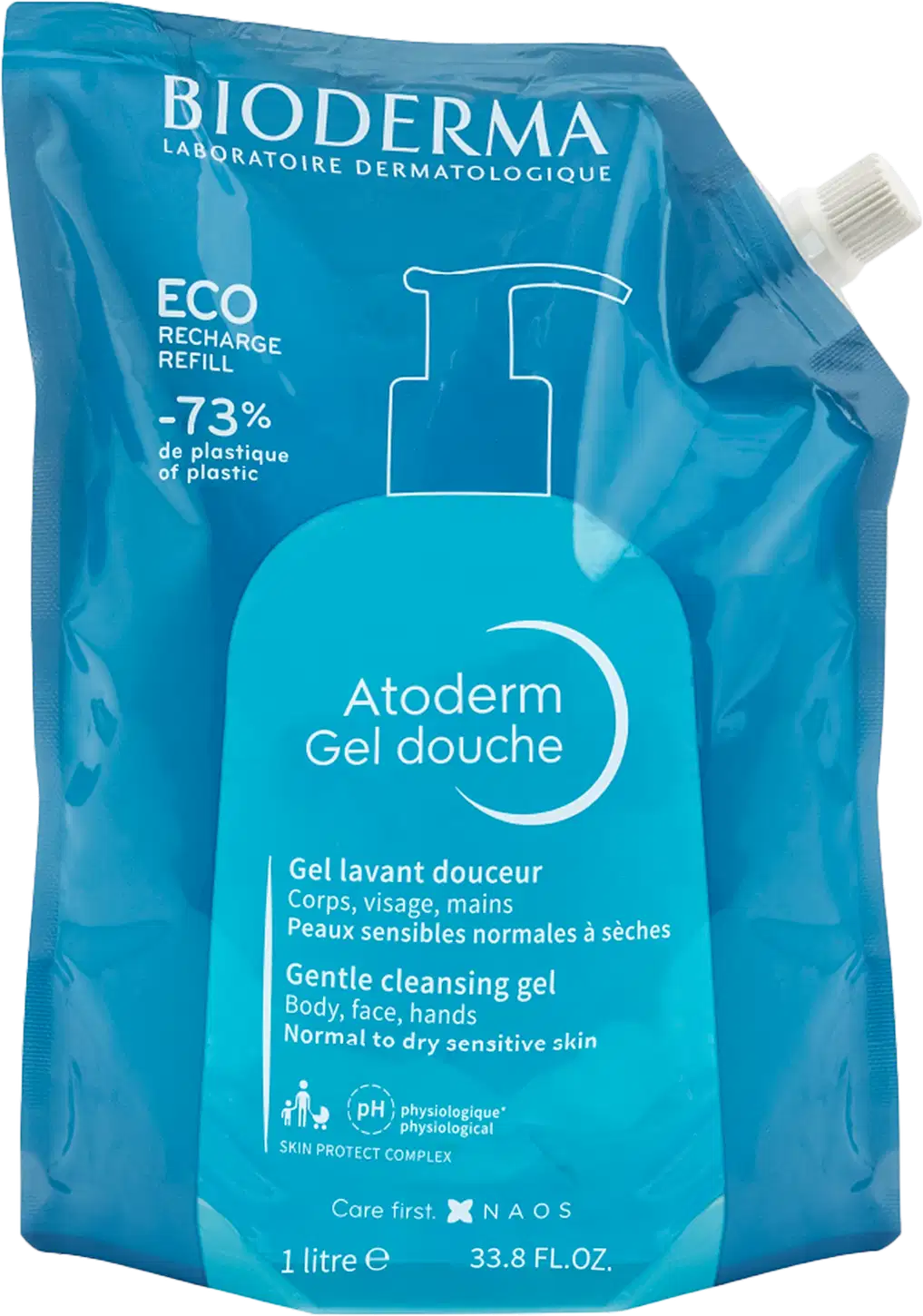 Refil de gel de banho Atoderm da marca Bioderma, em embalagem plástica flexível de cor azul, com texto informando redução de 73% de plástico.