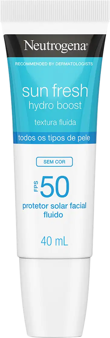 A imagem mostra o Protetor solar facial da linha Sun Fresh Hydro Boost da Neutrogena. Embalagem plástica cilíndrica branca e azul. Rótulo indicando fator de proteção solar 50, textura fluida, sem cor, para todos os tipos de pele.
