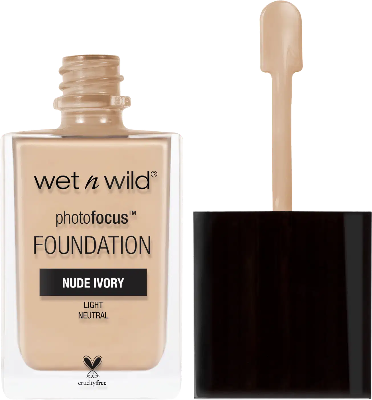A imagem mostra dois produtos de maquiagem da marca Wet n Wild. O primeiro é uma base líquida chamada "Photofocus Foundation". O outro é a sua tampa, que possui uma pequena espátula para facilitar a aplicação do conteúdo.