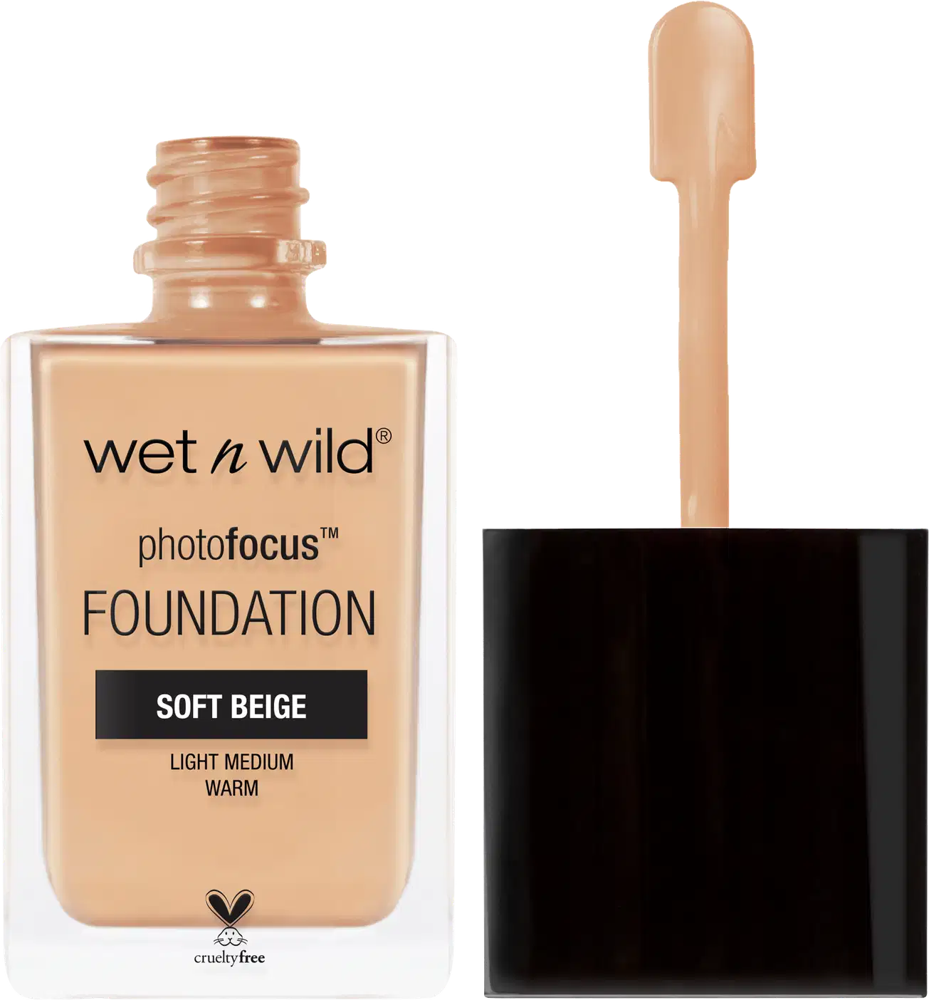 A imagem mostra dois produtos de maquiagem da marca Wet n Wild. O primeiro é uma base líquida chamada "Photofocus Foundation". O outro é a sua tampa, que possui uma pequena espátula para facilitar a aplicação do conteúdo.
