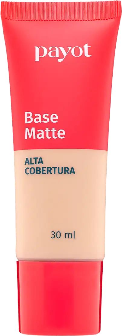 A imagem mostra um um tubo plástico de base da marca Payot. Na metade do tubo ele é transparente para apresentar a cor do produto e o outro restante é vermelho, assim como a tampa. Na embalagem consta marca, acabamento, cobertura e volumetria.
