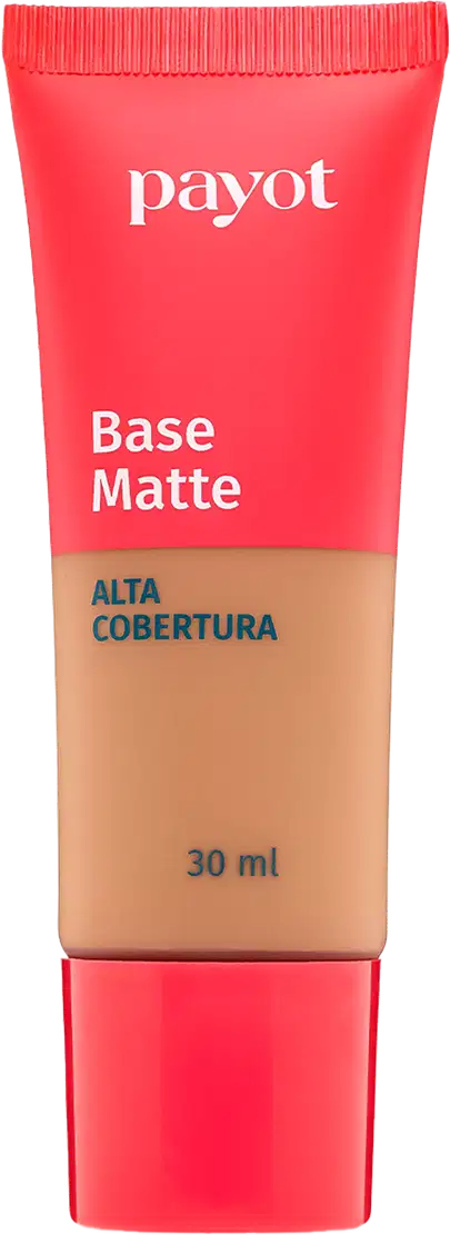 A imagem mostra um um tubo plástico de base da marca Payot. Na metade do tubo ele é transparente para apresentar a cor do produto e o outro restante é vermelho, assim como a tampa. Na embalagem consta marca, acabamento, cobertura e volumetria.