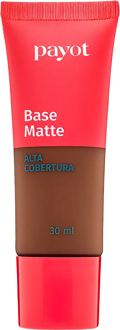A imagem mostra um um tubo plástico de base da marca Payot. Na metade do tubo ele é transparente para apresentar a cor do produto e o outro restante é vermelho, assim como a tampa. Na embalagem consta marca, acabamento, cobertura e volumetria.