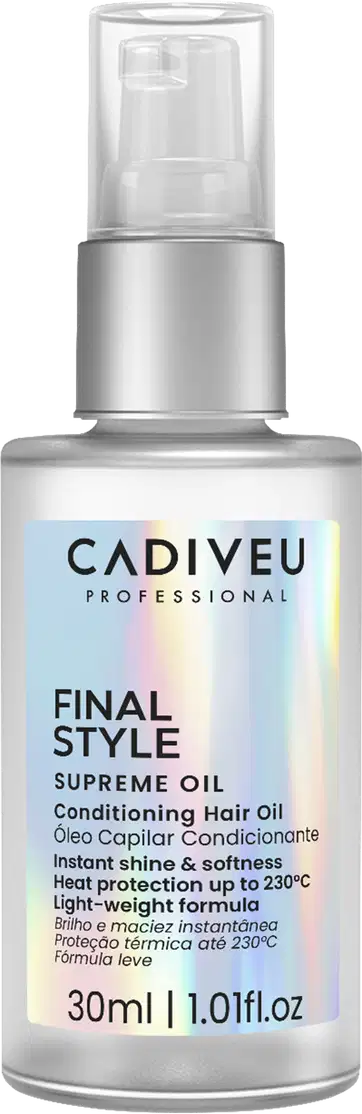 A imagem mostra o Óleo Capilar Cadiveu Professional Final Style Supreme Oil 30ml, uma embalagem prateada fosca com detalhes holográficos e texto na cor preta. Traz as informações: brilho e maciez instantânea, proteção térmica e fórmula leve.