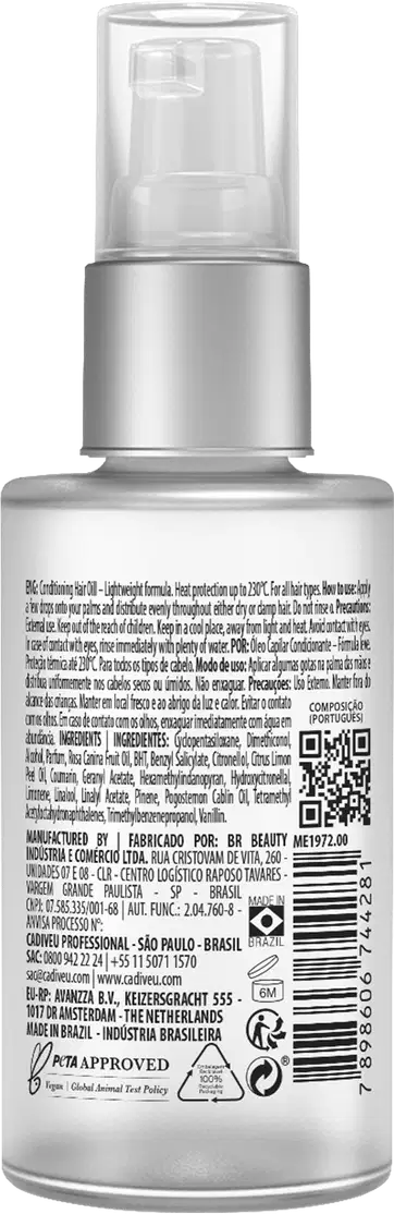 A imagem mostra a parte de trás do Óleo Capilar Cadiveu Professional Final Style Supreme Oil. Traz texto e informações detalhadas sobre o produto, ação, composição e instruções de uso.
