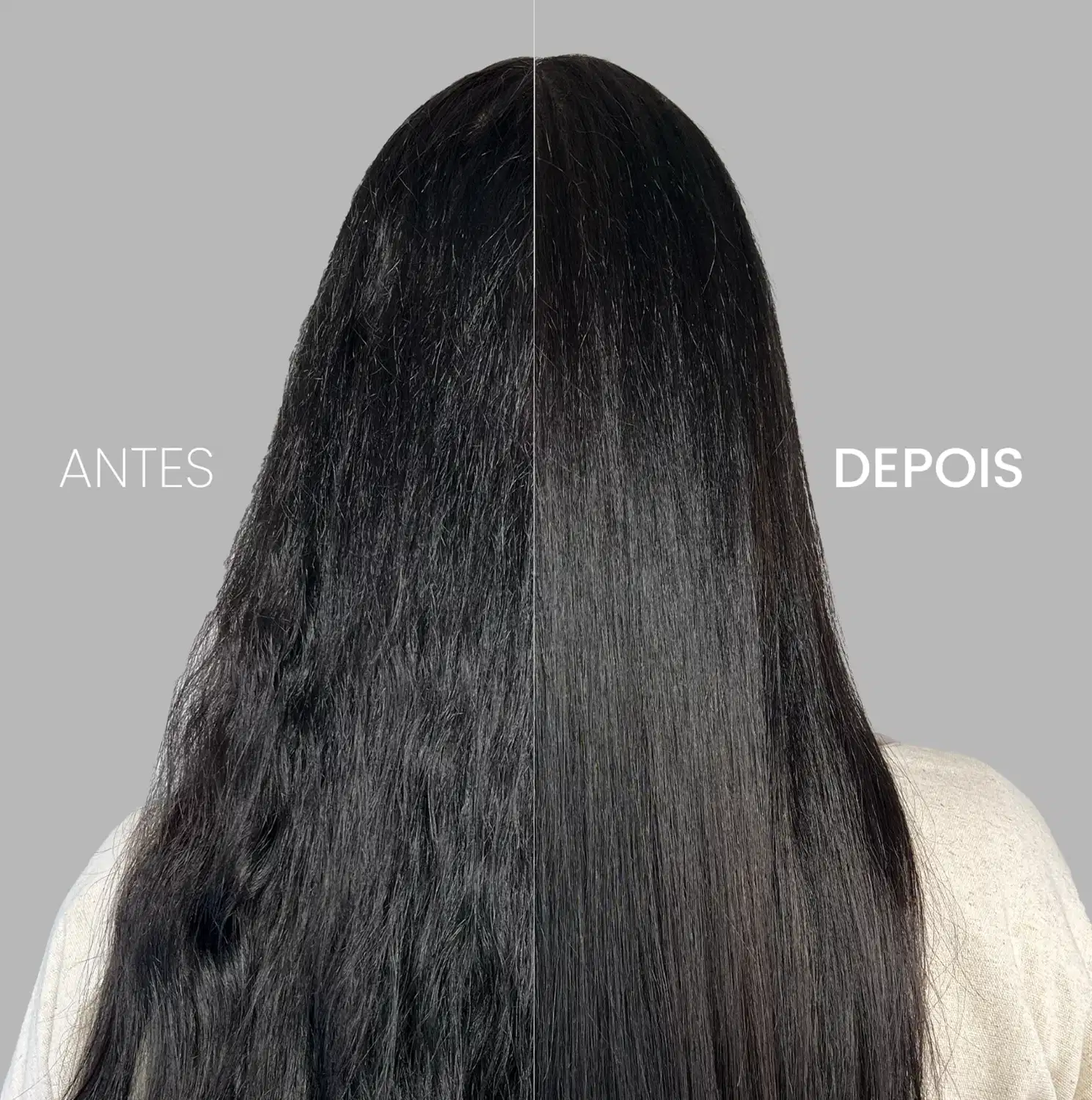 A imagem traz uma comparação antes e depois do uso do Óleo Capilar Cadiveu Professional Final Style Supreme Oil. Na esquerda, o "Antes" mostra cabelos opacos e sem brilho. Já na direita, o "Depois",  com fios mais brilhantes e sedosos.