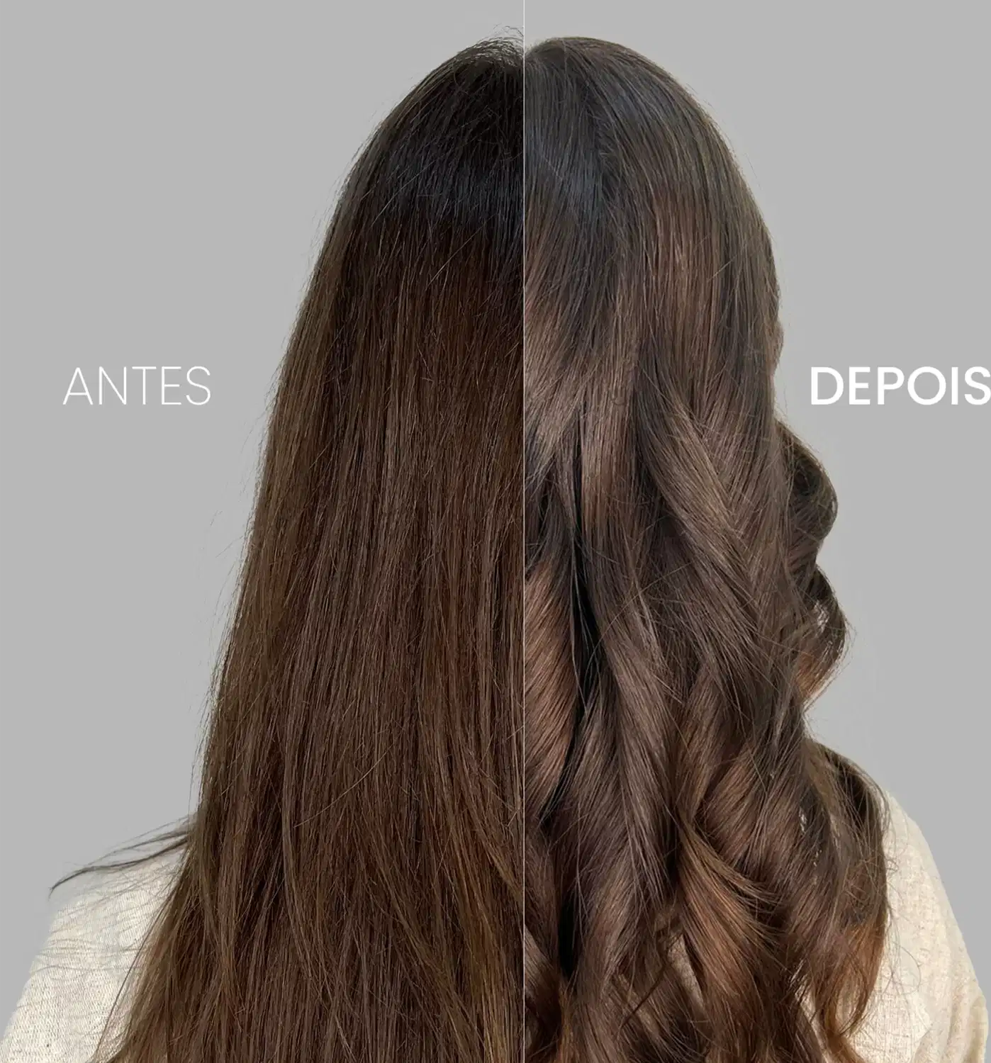 A imagem traz uma comparação antes e depois do uso do Óleo Capilar Cadiveu  Final Style Supreme Oil. Na esquerda, o "Antes" mostra cabelos opacos e sem brilho. Já na direita, o "Depois",  com fios mais brilhantes, sedosos e perfeitamente ondulados.