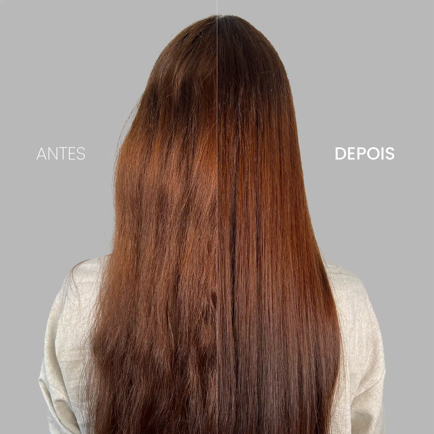 A imagem traz uma comparação antes e depois do uso do Óleo Capilar Cadiveu Professional Final Style Supreme Oil. Na esquerda, o "Antes" mostra cabelos opacos e sem brilho. Já na direita, o "Depois",  com fios mais brilhantes e sedosos.
