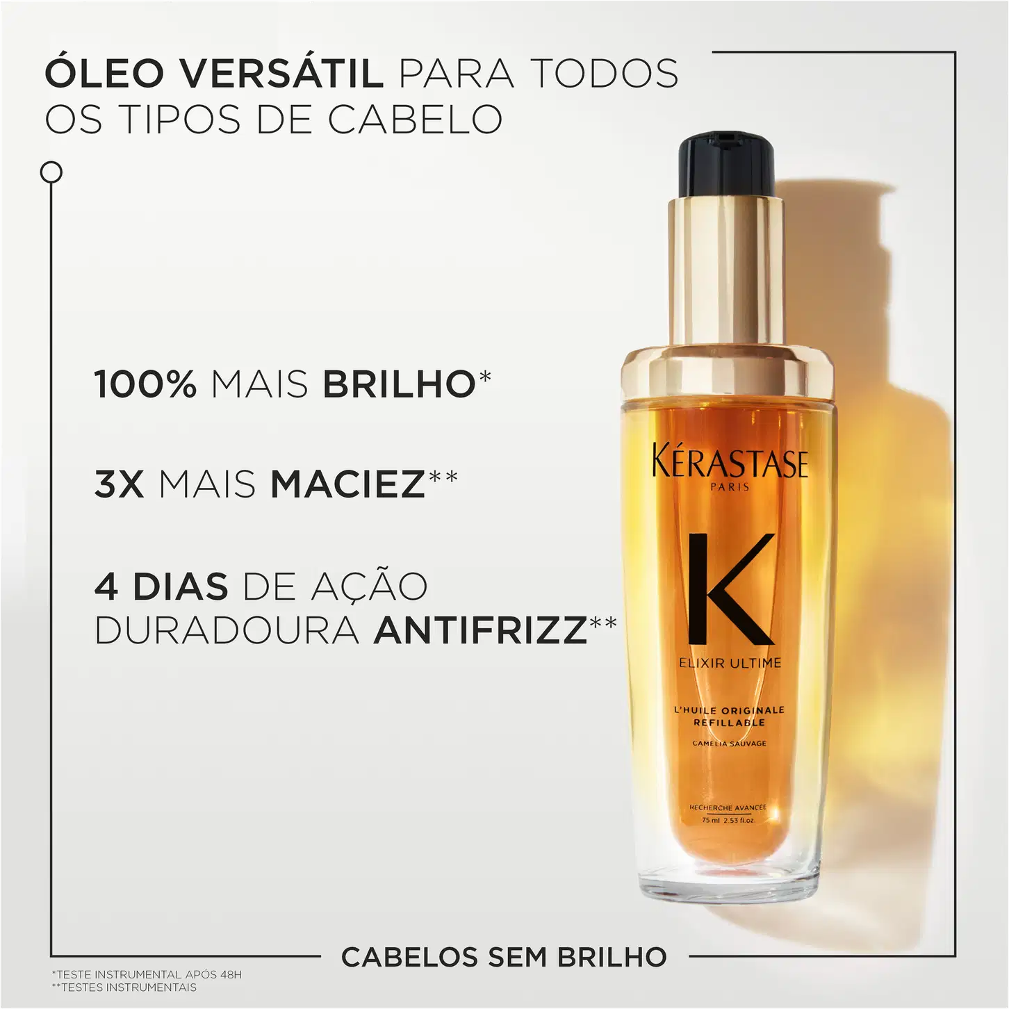 A imagem mostra o frasco do óleo e destaca benefícios como: versátil para todos os tipos de cabelo, 100% mais brilho, 3x mais maciez e 4 dias de ação duradoura antifrizz.