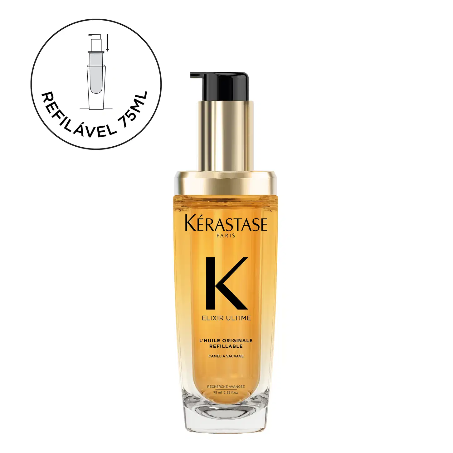 A imagem mostra o frasco do óleo capilar elixir ultime de Kérastase e uma ilustração acima que indica que é um produto refilável de 75ml.