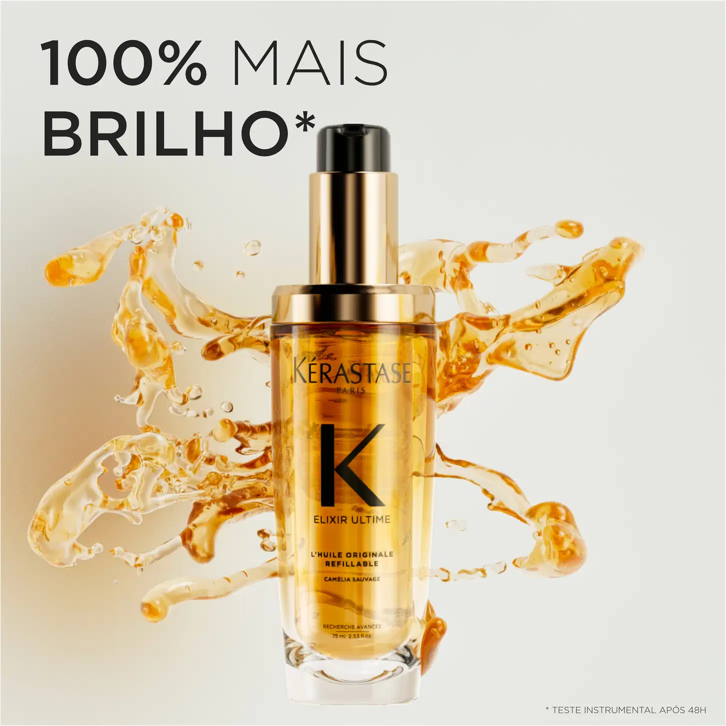 A imagem mostra o Óleo Elixir Ultime de Kérastase. No centro, destaca-se um frasco dourado e ao seu redor, há respingos e movimentos de um líquido cor âmbar, dando a impressão de brilho e vitalidade. O texto em destaque diz 100% Mais Brilho.