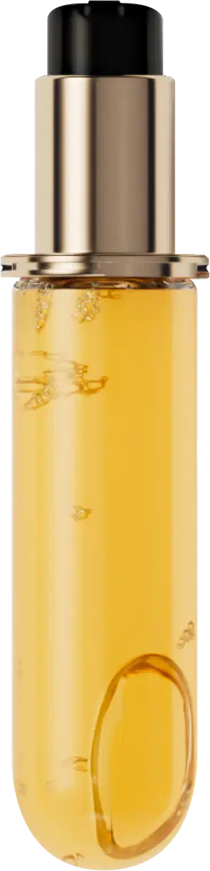 A imagem mostra a embalagem refil do óleo elixir ultime. É um frasco de vidro cilíndrico com um líquido de aparência oleosa e cor amarelo-dourado. O frasco possui uma tampa em pump dourada com detalhes em preto.